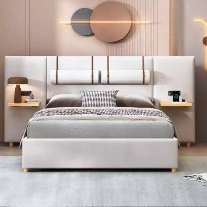 Letto matrimoniale alla francese imbottito in velluto con doppia presa, porte di ricarica USB, cuscini comodino e mensole portaoggetti