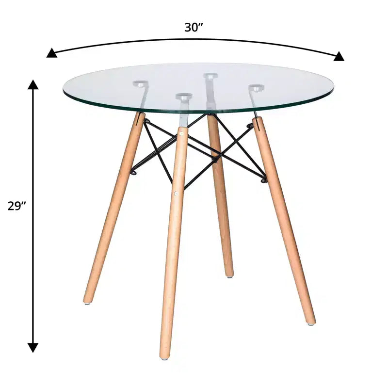 Set da pranzo 3 pezzi Tavolo bistro rotondo in vetro trasparente da 31 pollici con 2 sedie in acrilico con gambe a piolo in legno, cucina moderna, sala da pranzo