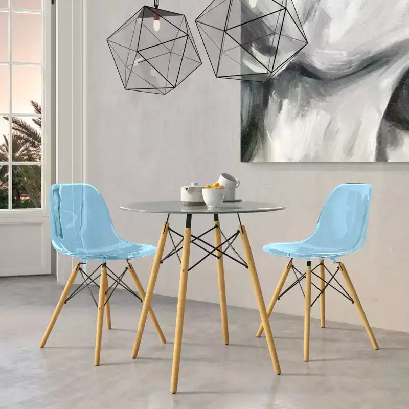 Set da pranzo 3 pezzi Tavolo bistro rotondo in vetro trasparente da 31 pollici con 2 sedie in acrilico con gambe a piolo in legno, cucina moderna, sala da pranzo