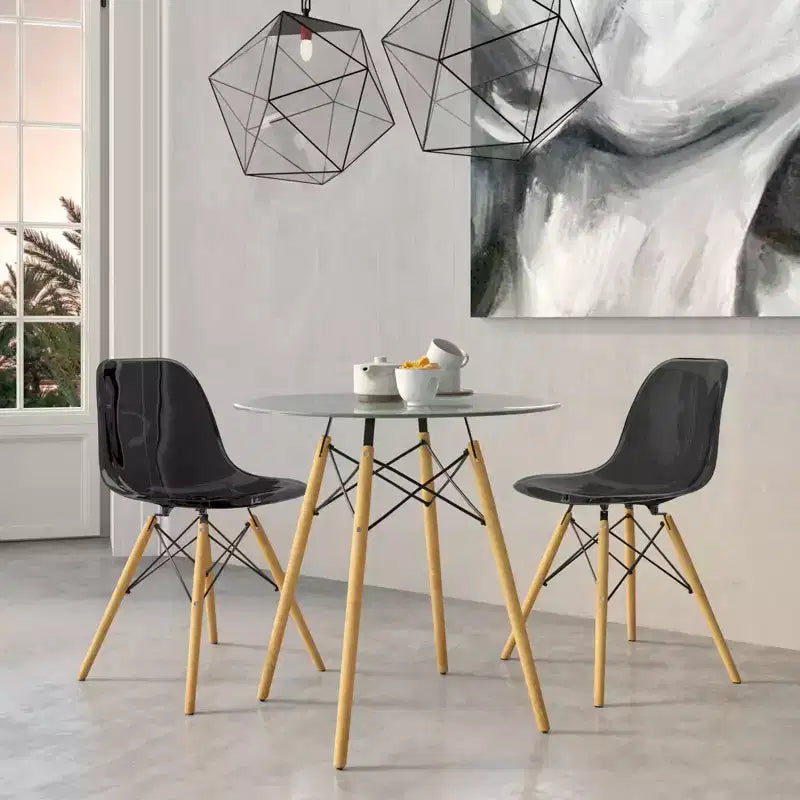 Set da pranzo 3 pezzi Tavolo bistro rotondo in vetro trasparente da 31 pollici con 2 sedie in acrilico con gambe a piolo in legno, cucina moderna, sala da pranzo