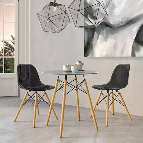Set da pranzo 3 pezzi Tavolo bistro rotondo in vetro trasparente da 31 pollici con 2 sedie in acrilico con gambe a piolo in legno, cucina moderna, sala da pranzo