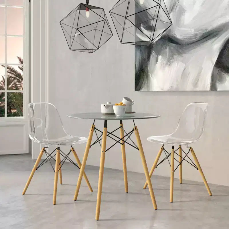 Set da pranzo 3 pezzi Tavolo bistro rotondo in vetro trasparente da 31 pollici con 2 sedie in acrilico con gambe a piolo in legno, cucina moderna, sala da pranzo
