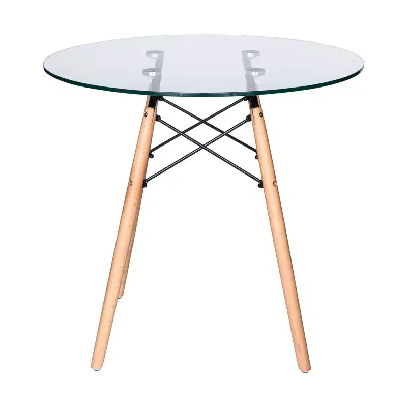Set da pranzo 3 pezzi Tavolo bistro rotondo in vetro trasparente da 31 pollici con 2 sedie in acrilico con gambe a piolo in legno, cucina moderna, sala da pranzo