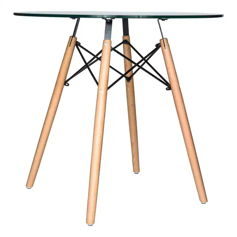 Set da pranzo 3 pezzi Tavolo bistro rotondo in vetro trasparente da 31 pollici con 2 sedie in acrilico con gambe a piolo in legno, cucina moderna, sala da pranzo