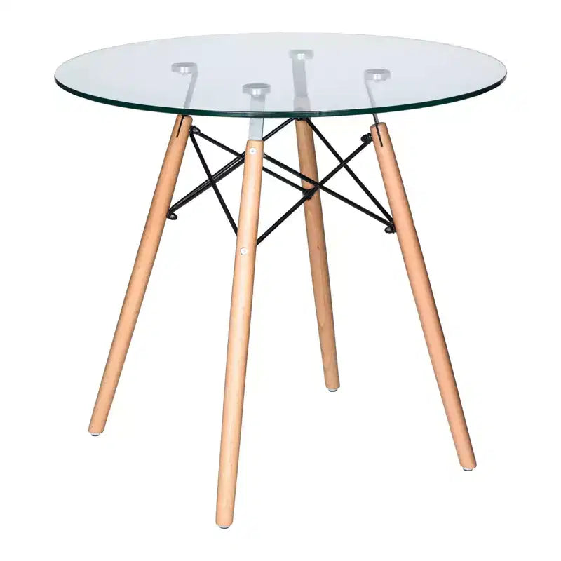 Set da pranzo 3 pezzi Tavolo bistro rotondo in vetro trasparente da 31 pollici con 2 sedie in acrilico con gambe a piolo in legno, cucina moderna, sala da pranzo