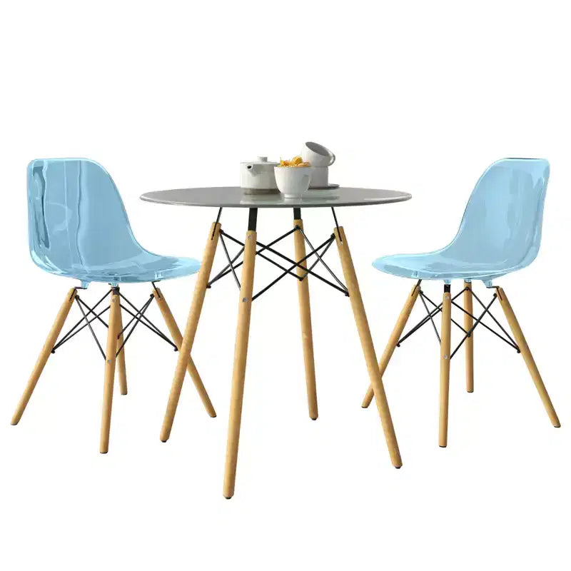 Set da pranzo 3 pezzi Tavolo bistro rotondo in vetro trasparente da 31 pollici con 2 sedie in acrilico con gambe a piolo in legno, cucina moderna, sala da pranzo