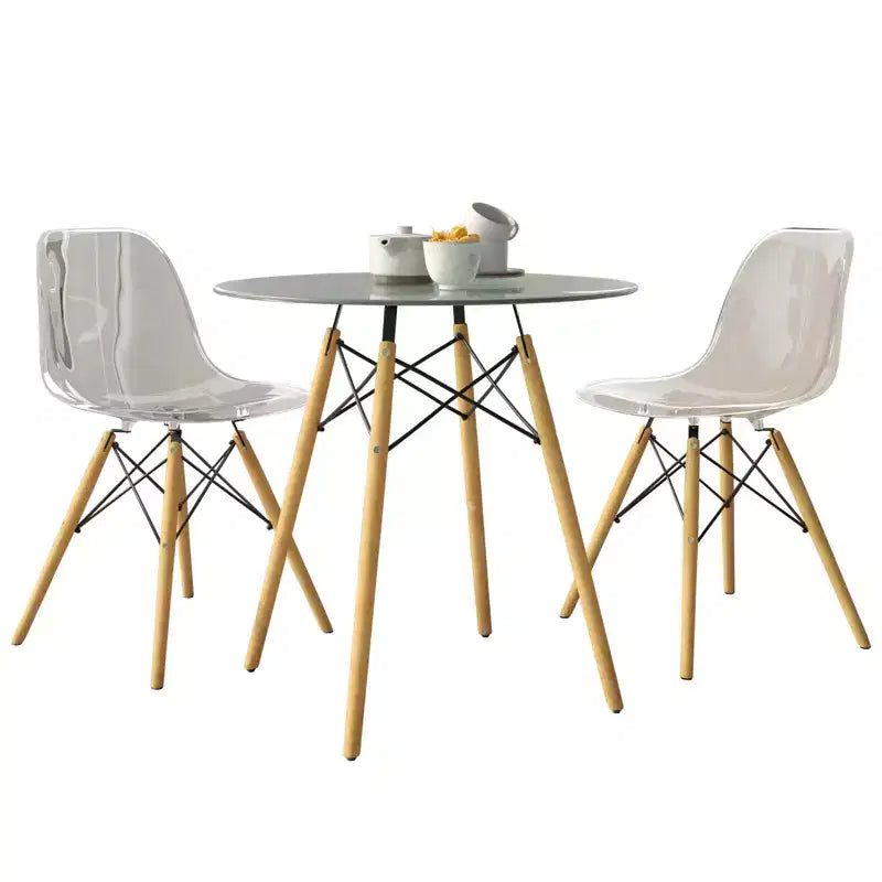 Set da pranzo 3 pezzi Tavolo bistro rotondo in vetro trasparente da 31 pollici con 2 sedie in acrilico con gambe a piolo in legno, cucina moderna, sala da pranzo