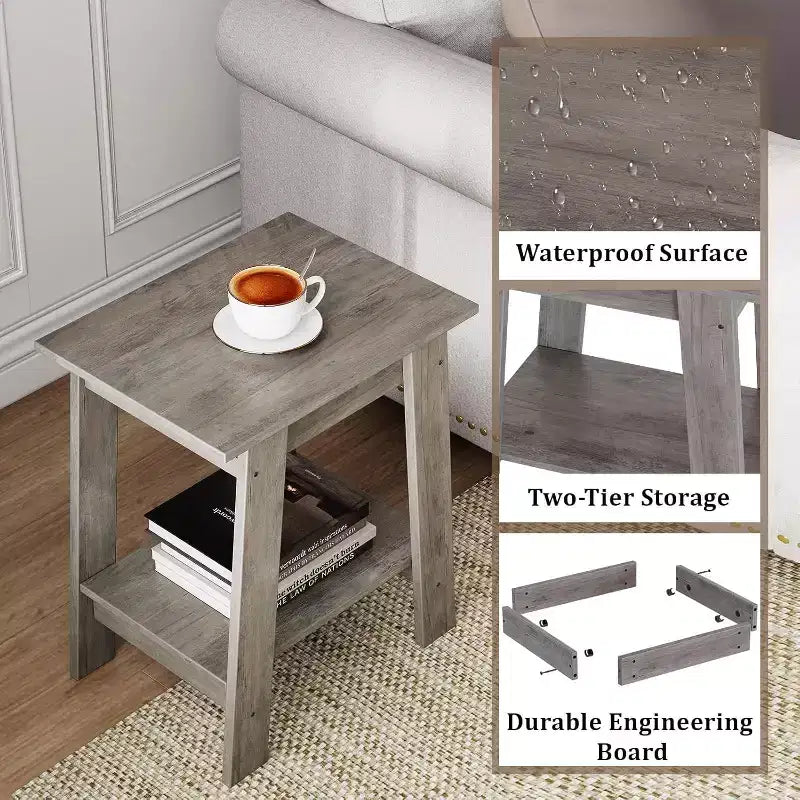Tavolino da divano rustico a 2 ripiani con mensola portaoggetti, comodino stretto, tavolino d'appoggio minimalista per soggiorno e camera da letto