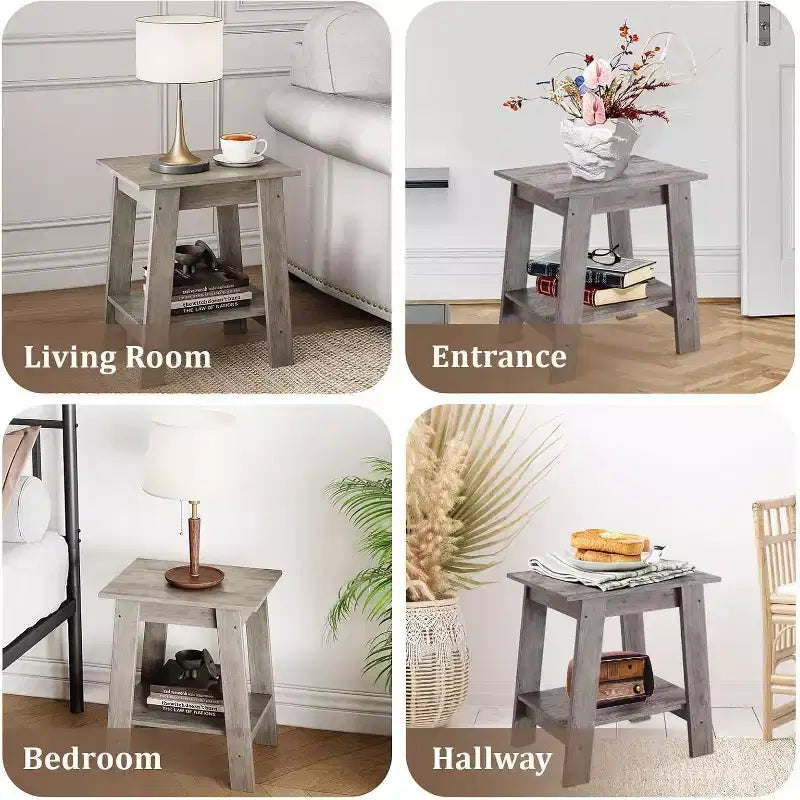 Tavolino da divano rustico a 2 ripiani con mensola portaoggetti, comodino stretto, tavolino d'appoggio minimalista per soggiorno e camera da letto