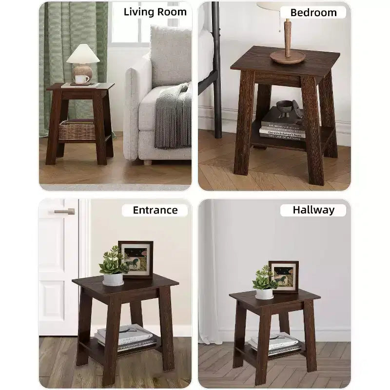 Tavolino da divano rustico a 2 ripiani con mensola portaoggetti, comodino stretto, tavolino d'appoggio minimalista per soggiorno e camera da letto