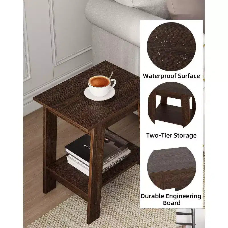 Tavolino da divano rustico a 2 ripiani con mensola portaoggetti, comodino stretto, tavolino d'appoggio minimalista per soggiorno e camera da letto
