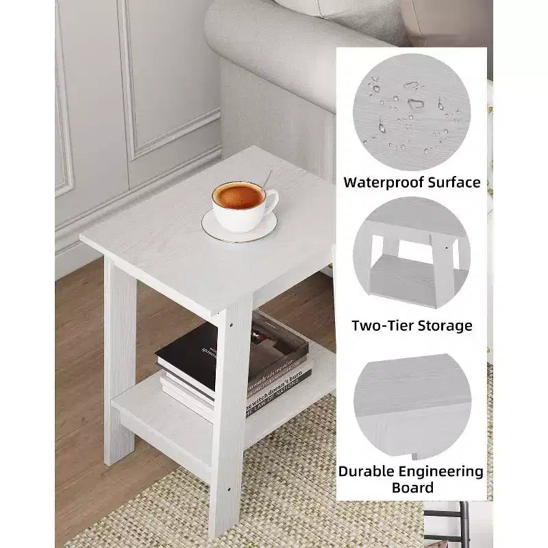 Tavolino da divano rustico a 2 ripiani con mensola portaoggetti, comodino stretto, tavolino d'appoggio minimalista per soggiorno e camera da letto
