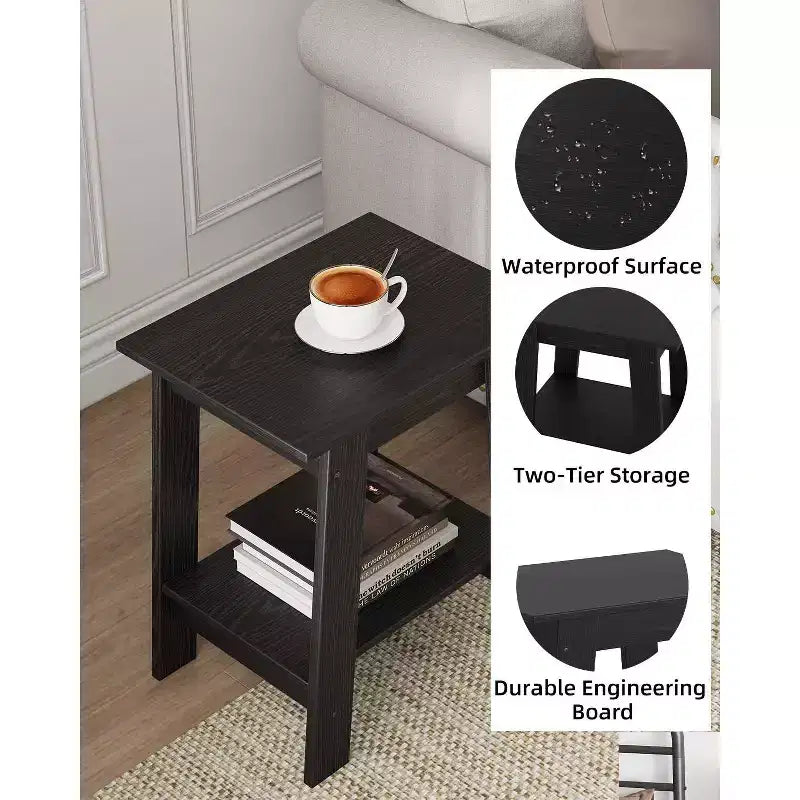 Tavolino da divano rustico a 2 ripiani con mensola portaoggetti, comodino stretto, tavolino d'appoggio minimalista per soggiorno e camera da letto