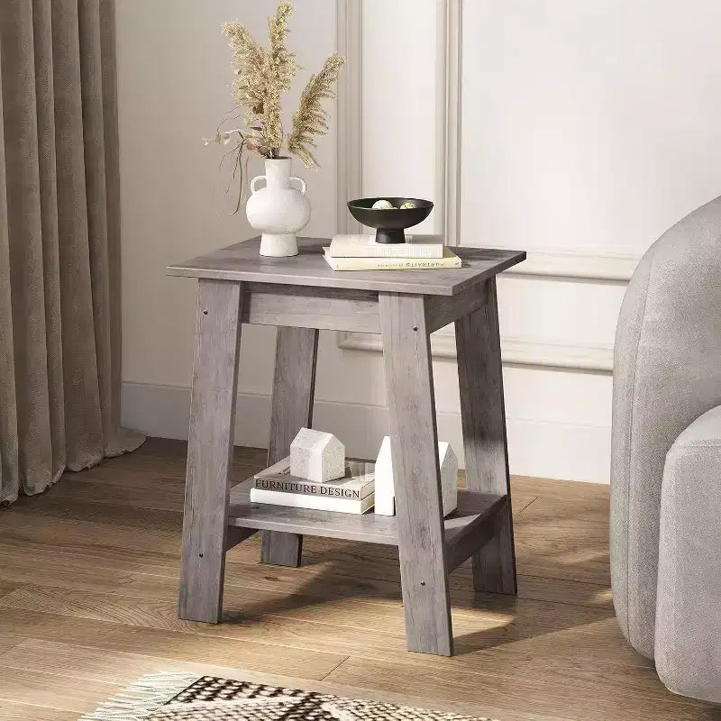 Tavolino da divano rustico a 2 ripiani con mensola portaoggetti, comodino stretto, tavolino d'appoggio minimalista per soggiorno e camera da letto
