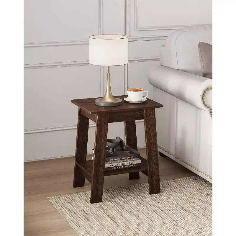 Tavolino da divano rustico a 2 ripiani con mensola portaoggetti, comodino stretto, tavolino d'appoggio minimalista per soggiorno e camera da letto
