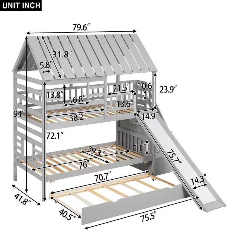 Letto a castello a casetta con letto estraibile e scivolo, scala contenitore, tetto e finestra, da una piazza e mezzo su una piazza e mezzo