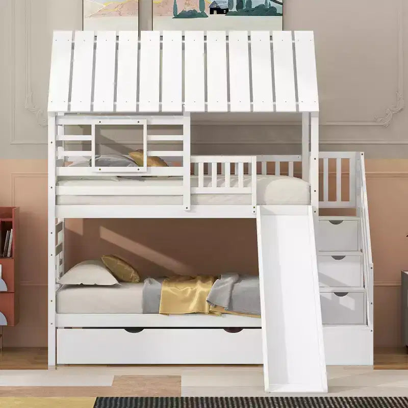 Letto a castello a casetta con letto estraibile e scivolo, scala contenitore, tetto e finestra, da una piazza e mezzo su una piazza e mezzo