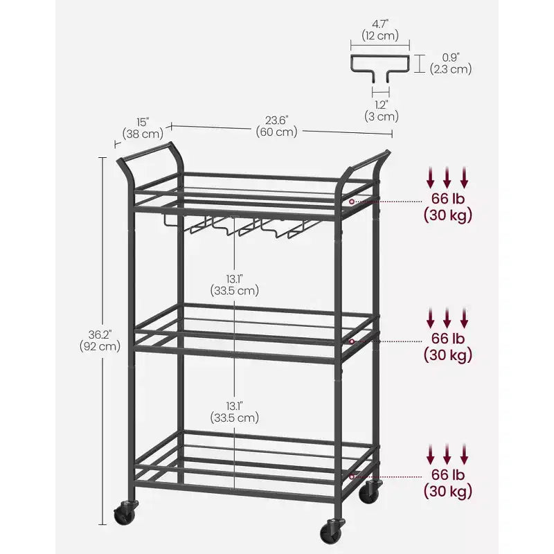 Carrello Bar, Carrello Bar da Casa, Carrello Bar Piccolo con Ripiani a 3 Livelli, Portabottiglie, Portabicchieri, Carrello Bar, 15 x 23.6 x 36.2 Pollici