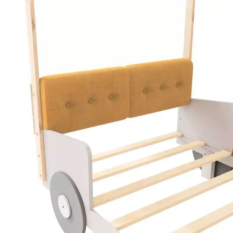 Lettino auto in legno con cuscino, tettuccio in tessuto e LED - Naturale