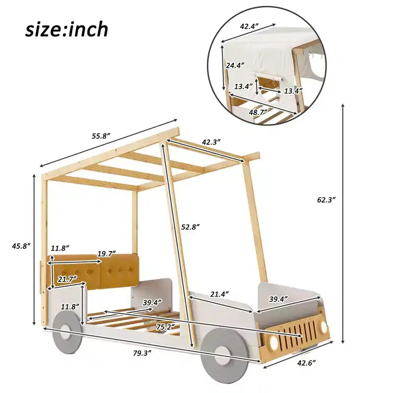 Lettino auto in legno con cuscino, tettuccio in tessuto e LED - Naturale