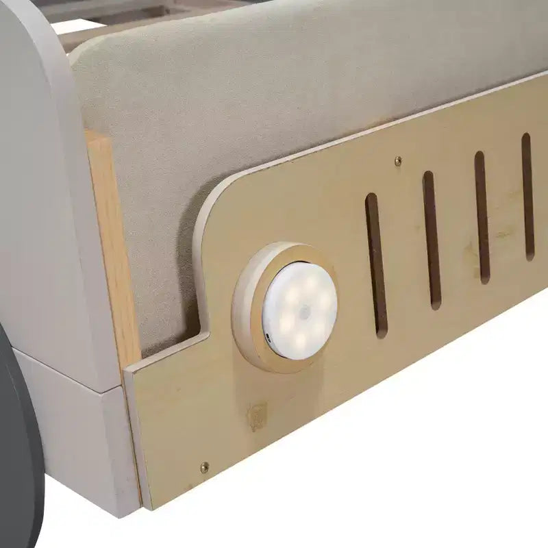 Lettino auto in legno con cuscino, tettuccio in tessuto e LED - Naturale