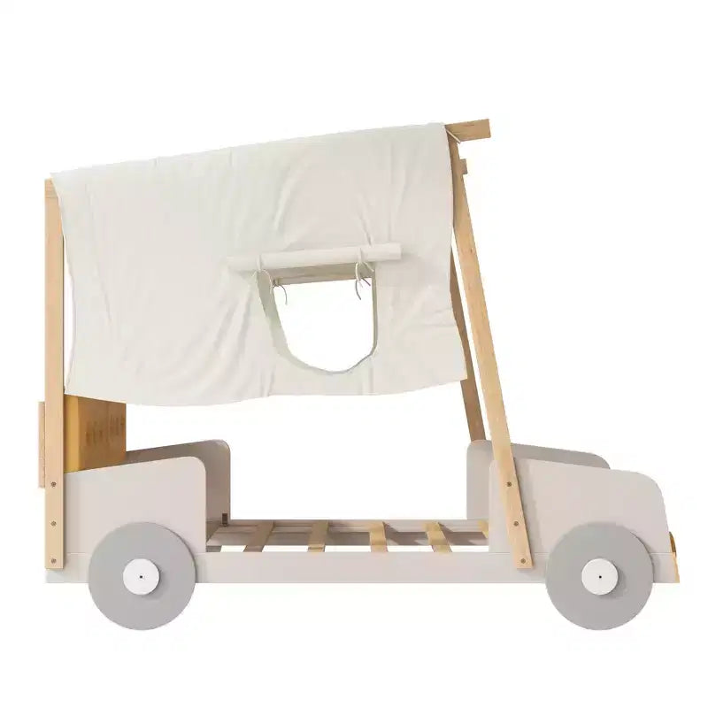 Lettino auto in legno con cuscino, tettuccio in tessuto e LED - Naturale