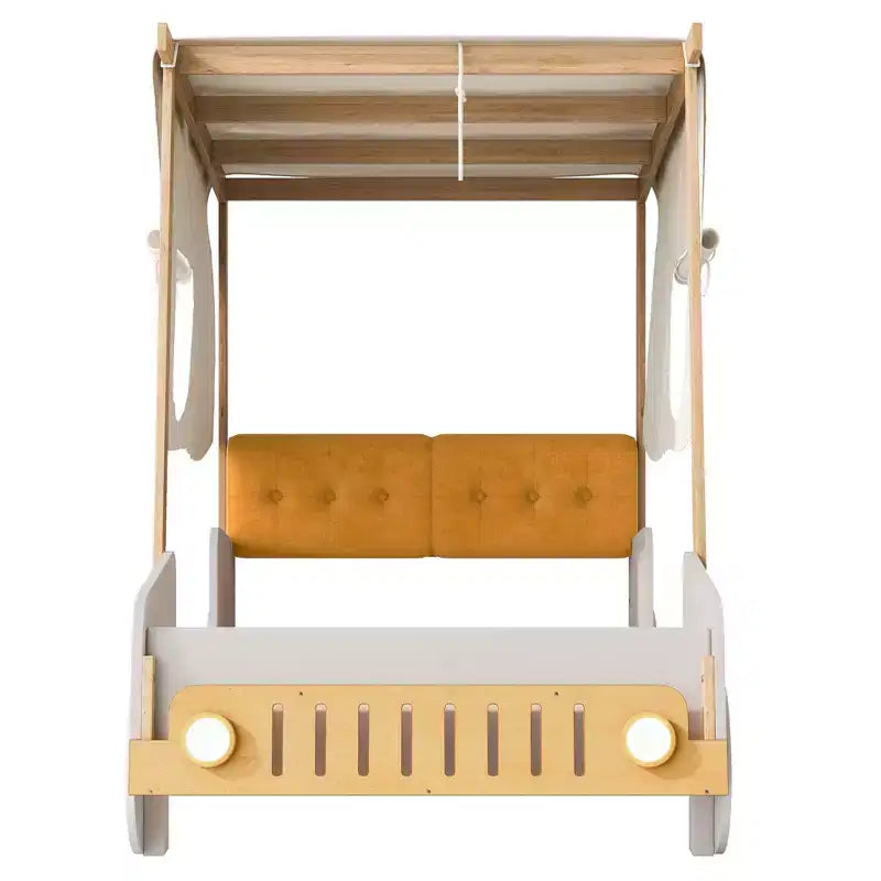 Lettino auto in legno con cuscino, tettuccio in tessuto e LED - Naturale
