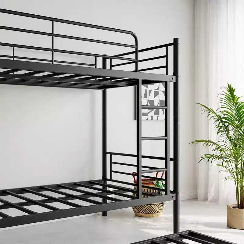 Letto a castello singolo con rotelle Letto a castello in metallo con scaletta e sponda di protezione a tutta lunghezza, senza rumore, non necessita di rete a molle, nero