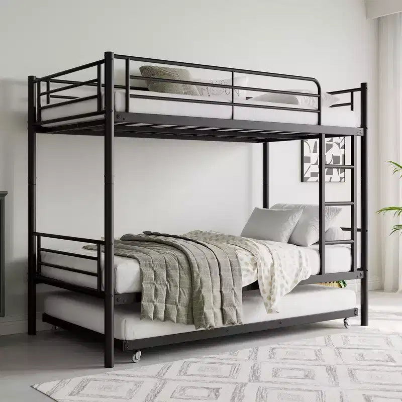 Letto a castello singolo con rotelle Letto a castello in metallo con scaletta e sponda di protezione a tutta lunghezza, senza rumore, non necessita di rete a molle, nero