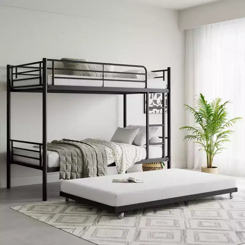 Letto a castello singolo con rotelle Letto a castello in metallo con scaletta e sponda di protezione a tutta lunghezza, senza rumore, non necessita di rete a molle, nero