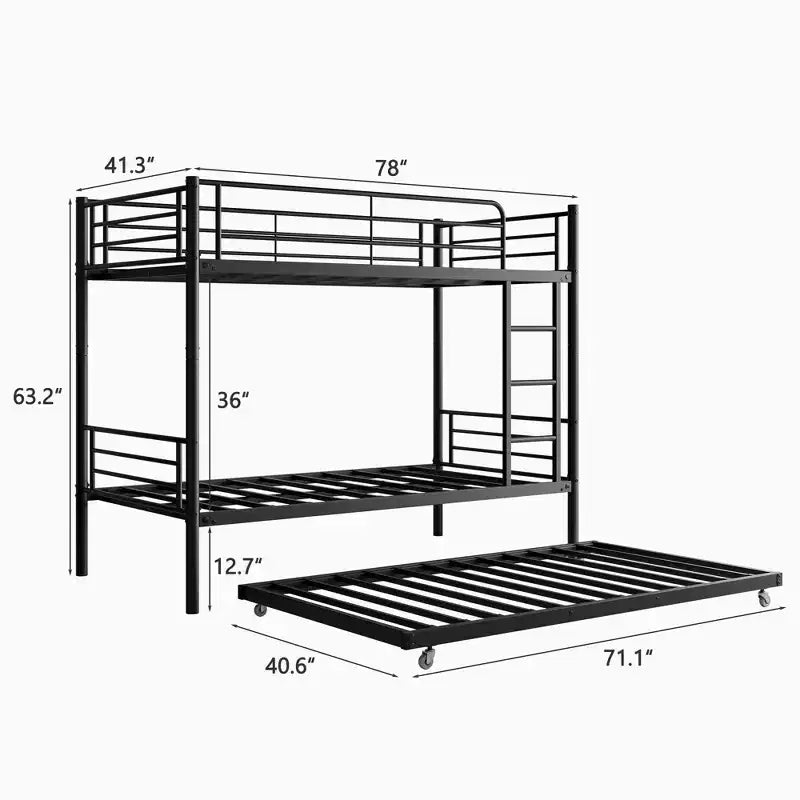 Letto a castello singolo con rotelle Letto a castello in metallo con scaletta e sponda di protezione a tutta lunghezza, senza rumore, non necessita di rete a molle, nero