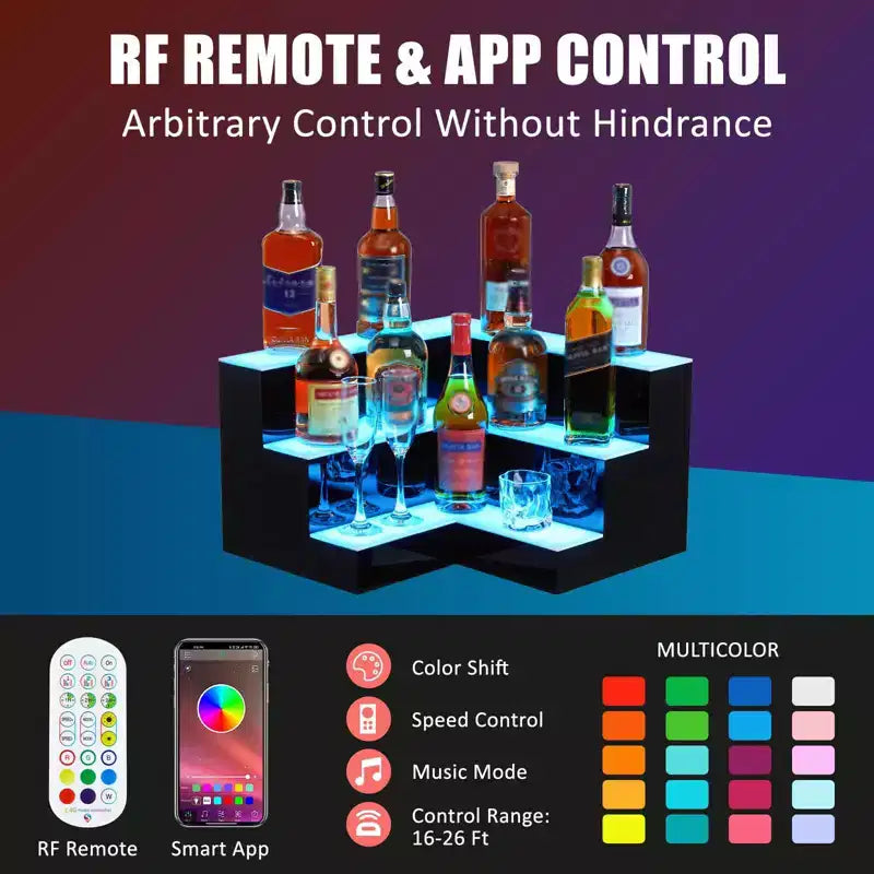 Espositore per bottiglie di liquori, espositore illuminato in acrilico a 3 livelli da 20 pollici con controllo remoto e tramite app