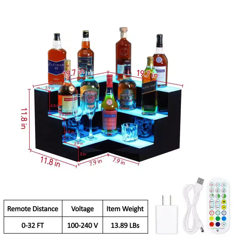 Espositore per bottiglie di liquori, espositore illuminato in acrilico a 3 livelli da 20 pollici con controllo remoto e tramite app