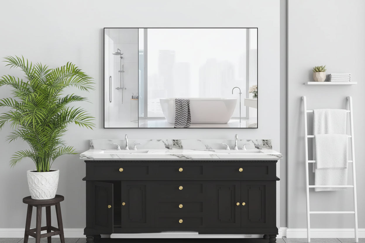 Specchio da bagno moderno con cornice nera 48x32: Sovradimensionato, alluminio, montaggio a parete, verticale/orizzontale