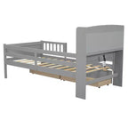 Letto a piattaforma in legno a una piazza con luce LED integrata, testiera multifunzionale, ringhiera e cassetti