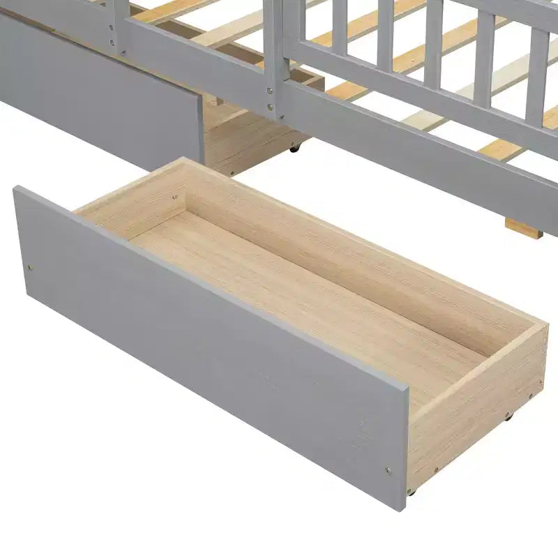 Letto a piattaforma in legno a una piazza con luce LED integrata, testiera multifunzionale, ringhiera e cassetti