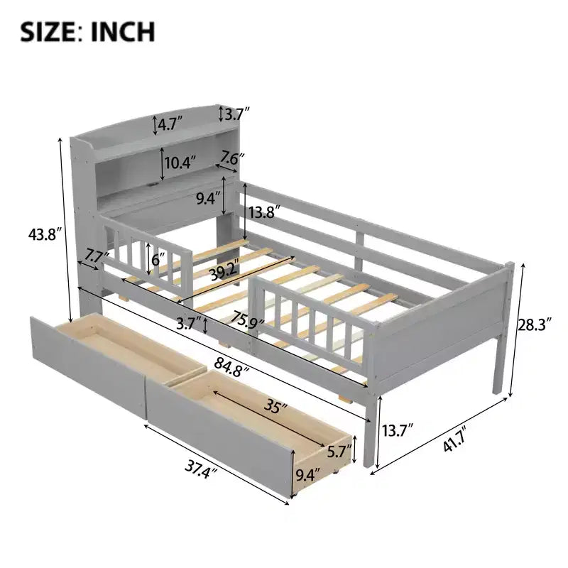 Letto a piattaforma in legno a una piazza con luce LED integrata, testiera multifunzionale, ringhiera e cassetti
