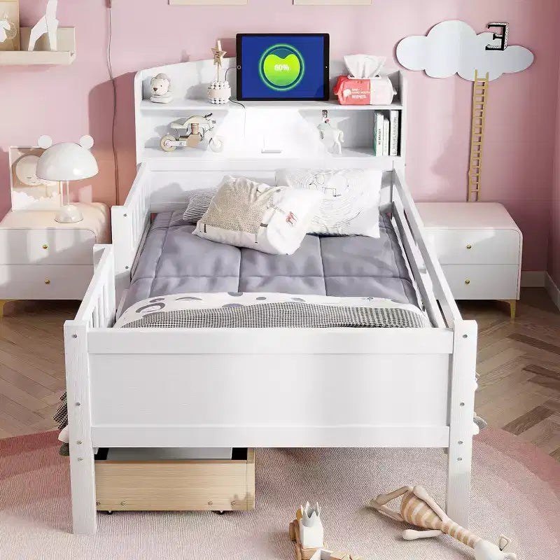 Letto a piattaforma in legno a una piazza con luce LED integrata, testiera multifunzionale, ringhiera e cassetti