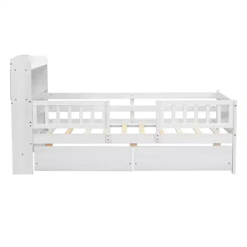 Letto a piattaforma in legno a una piazza con luce LED integrata, testiera multifunzionale, ringhiera e cassetti