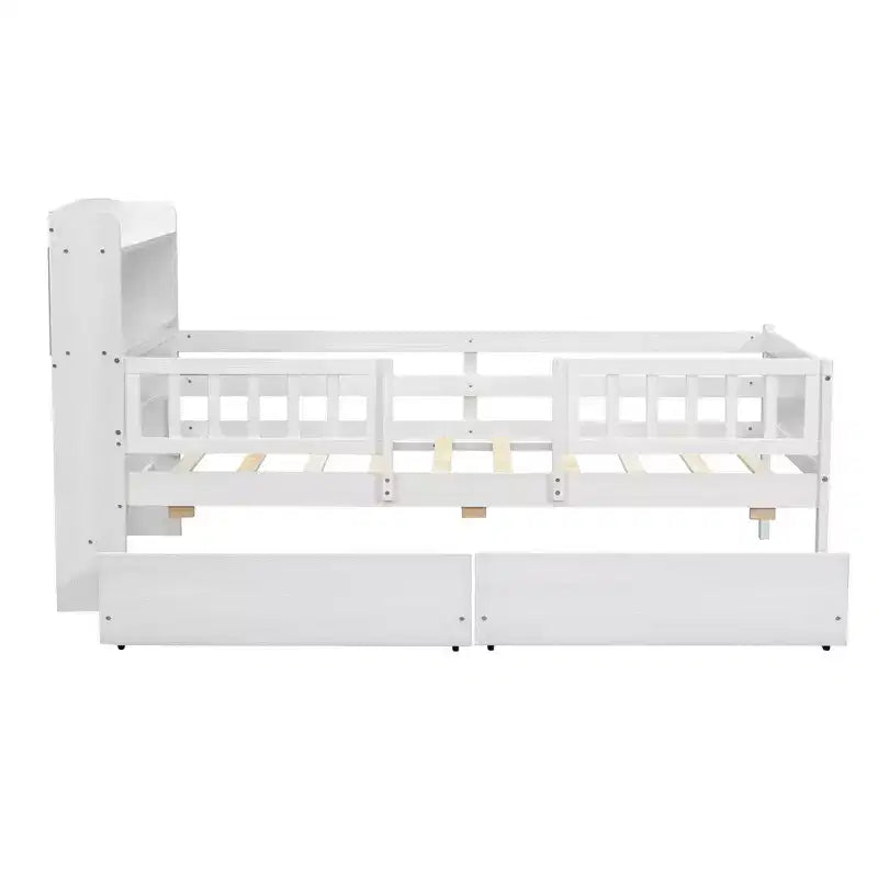 Letto a piattaforma in legno a una piazza con luce LED integrata, testiera multifunzionale, ringhiera e cassetti