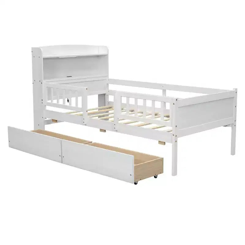 Letto a piattaforma in legno a una piazza con luce LED integrata, testiera multifunzionale, ringhiera e cassetti