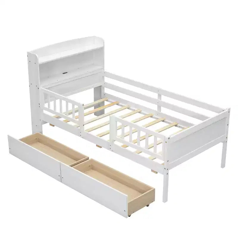 Letto a piattaforma in legno a una piazza con luce LED integrata, testiera multifunzionale, ringhiera e cassetti