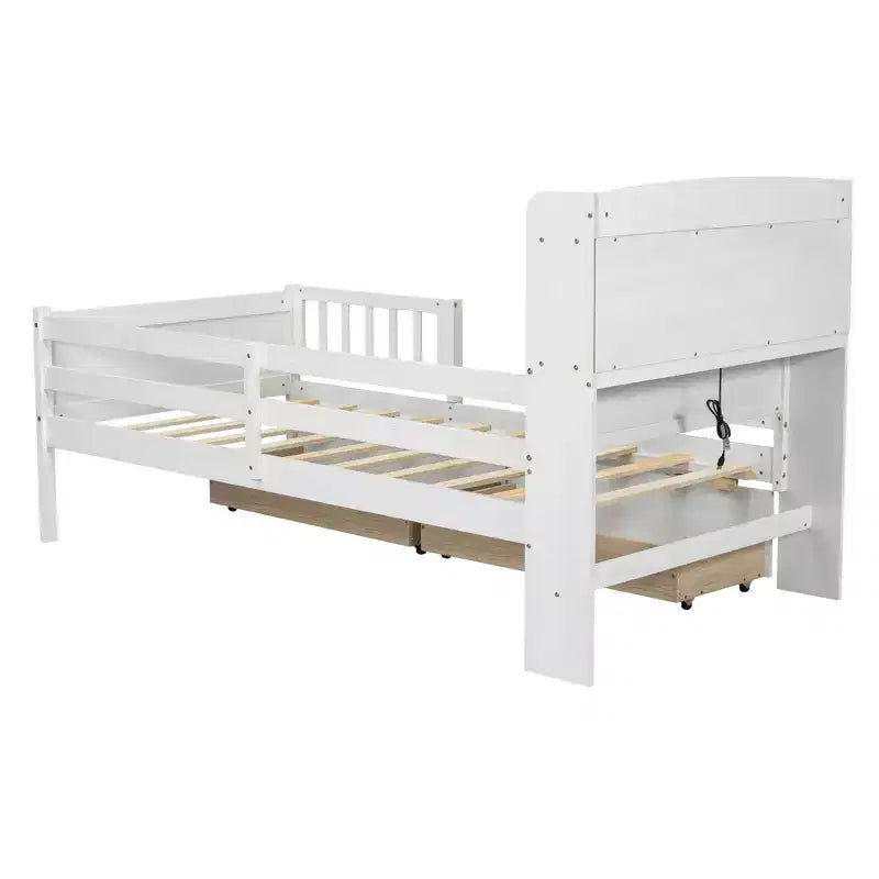 Letto a piattaforma in legno a una piazza con luce LED integrata, testiera multifunzionale, ringhiera e cassetti
