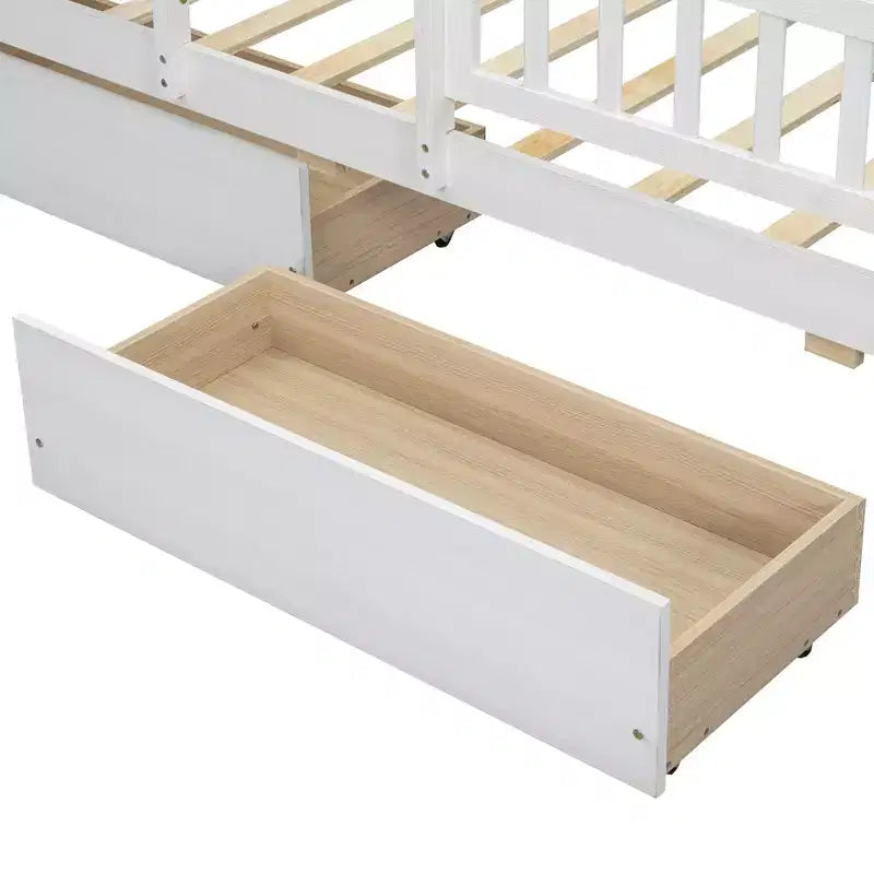 Letto a piattaforma in legno a una piazza con luce LED integrata, testiera multifunzionale, ringhiera e cassetti
