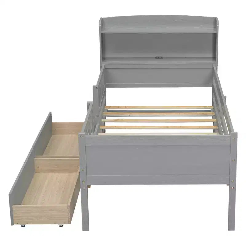 Letto a piattaforma in legno a una piazza con luce LED integrata, testiera multifunzionale, ringhiera e cassetti