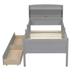 Letto a piattaforma in legno a una piazza con luce LED integrata, testiera multifunzionale, ringhiera e cassetti