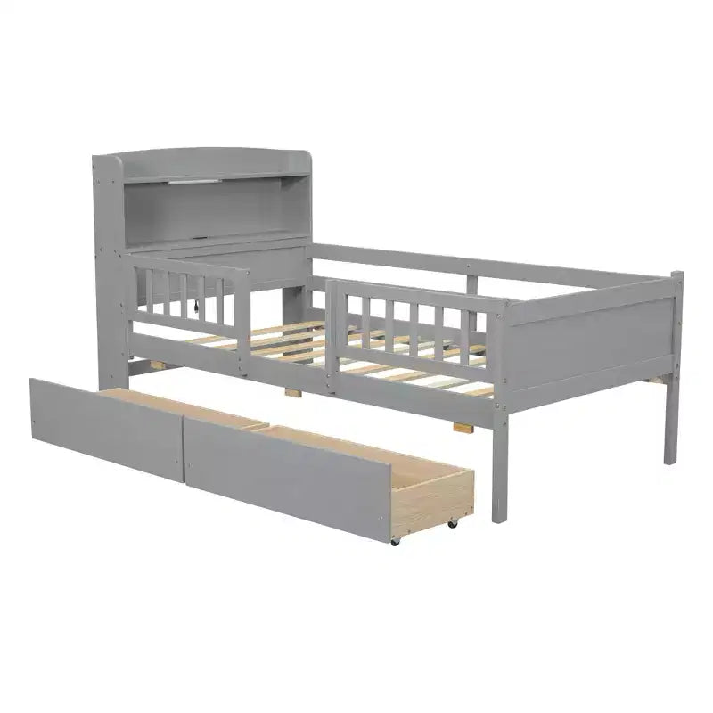 Letto a piattaforma in legno a una piazza con luce LED integrata, testiera multifunzionale, ringhiera e cassetti
