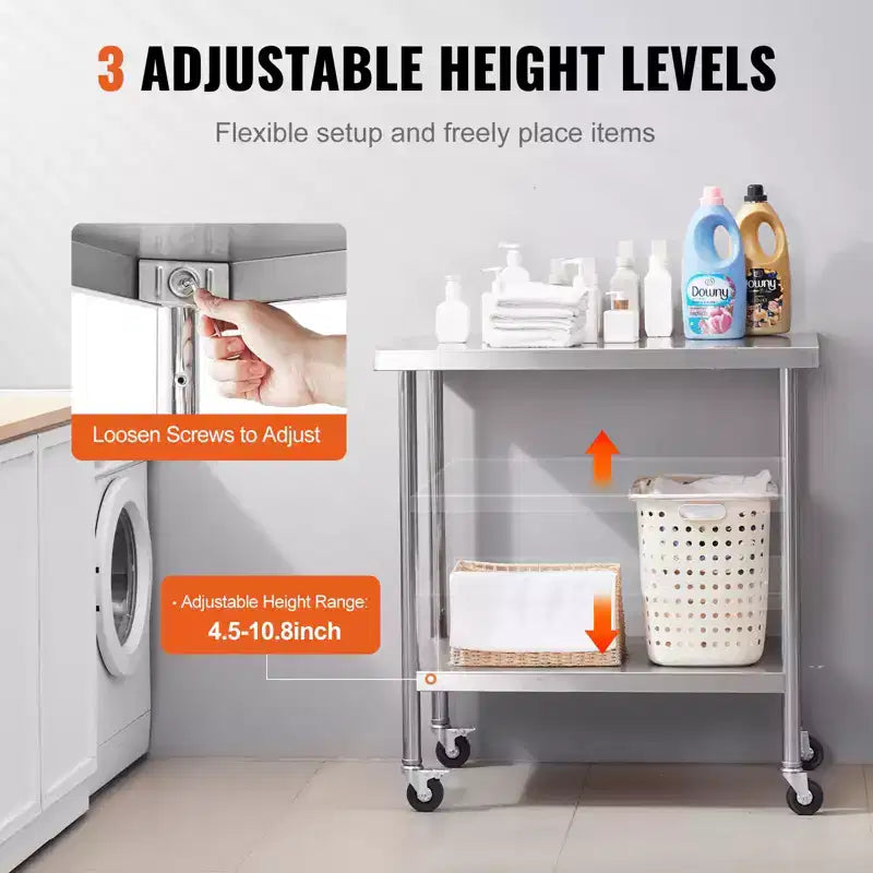 Tavolo da lavoro in acciaio inossidabile 30 x 36 x 38 pollici, con 4 ruote, 3 livelli di altezza regolabili, piano di lavoro per la preparazione di alimenti per cucine commerciali