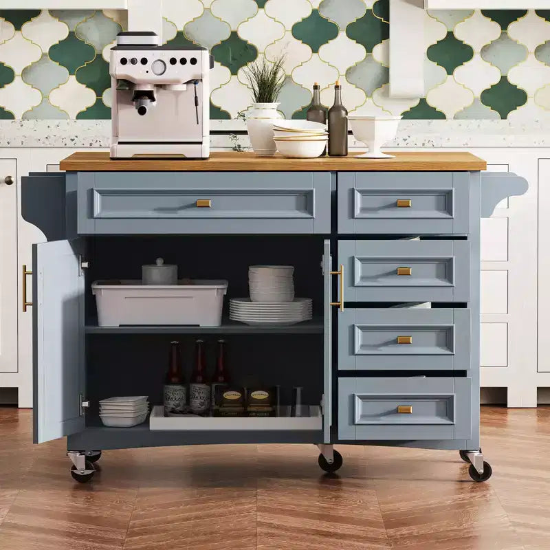 Isola da cucina da 52'' con anta a ribalta, ripiani integrati, cassetti e ripiano regolabile, isola da cucina con ruote
