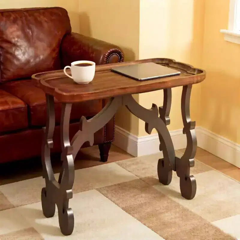 Tavolino antico per salotto, gambe nere e finitura naturale, grande